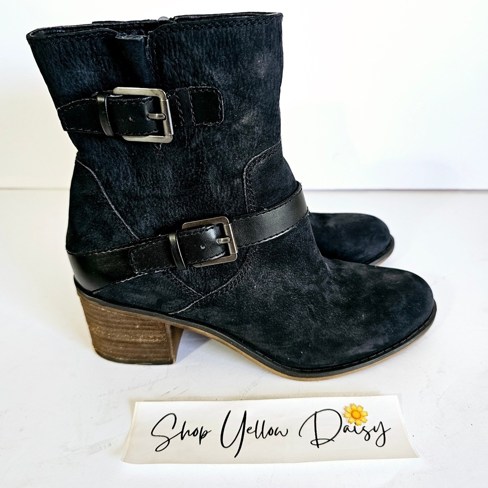Franco Sarto Black Suede Moto Ankle Boots‎ Double Buckle Stacked Heel Size 8.5M